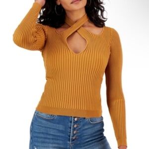 NWT Mink Pink Gianna knit crisscross ribbed long sleeve top in pecan Size Small